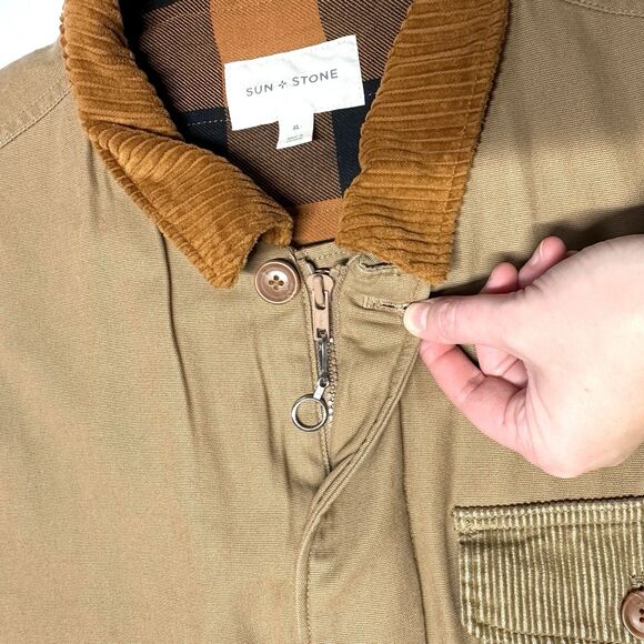 Sun+Stone Corduroy and Khaki Canvas Brown Tan Utility Vest Plaid Lined Men’s XL - Picture 6 of 12